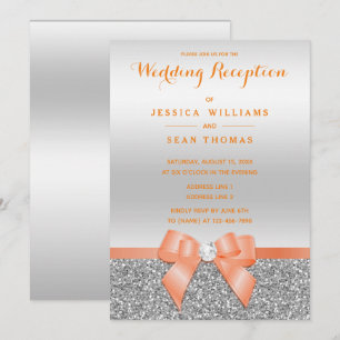 Invitation Corail Romantique Nœud, Réception Paillettes Argen