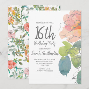 Invitation Corail rose Boho Aquarelle Floral Sweet 16