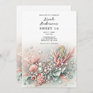 Invitation Corail rose et perles sous la mer douce 16