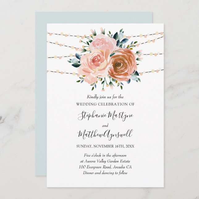 Invitation Corail rose pâle Bleu Botanique Mariage (Devant / Derrière)