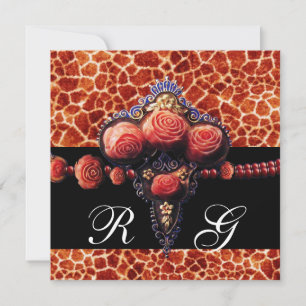 INVITATION CORAIL ROSES NOIR ROUGE, MONOGRAMME PEAU DE GIRAFE
