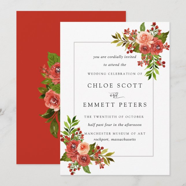 Invitation Corail rouge de Bourgogne rose Mariage (Devant / Derrière)