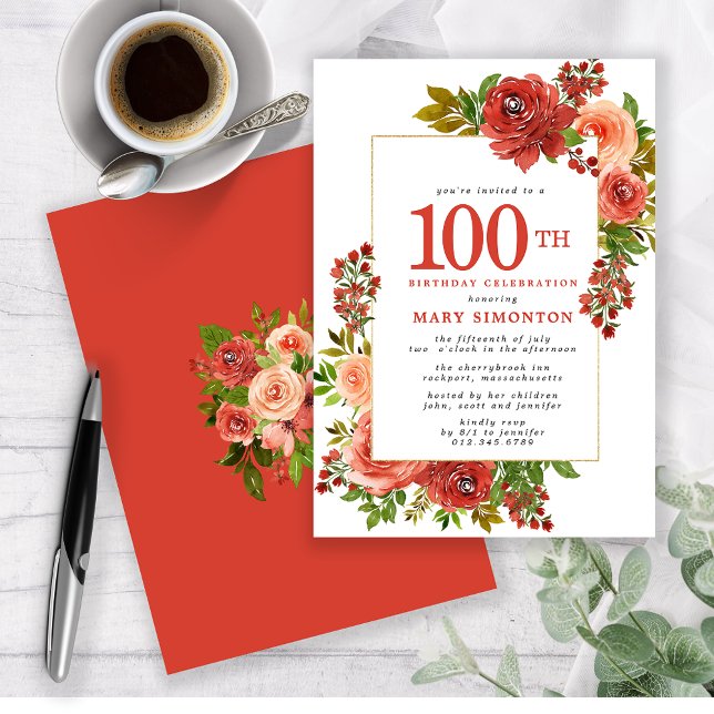 Invitation Corail rouge de Bourgogne Rose rose 100e anniversa (Créateur téléchargé)