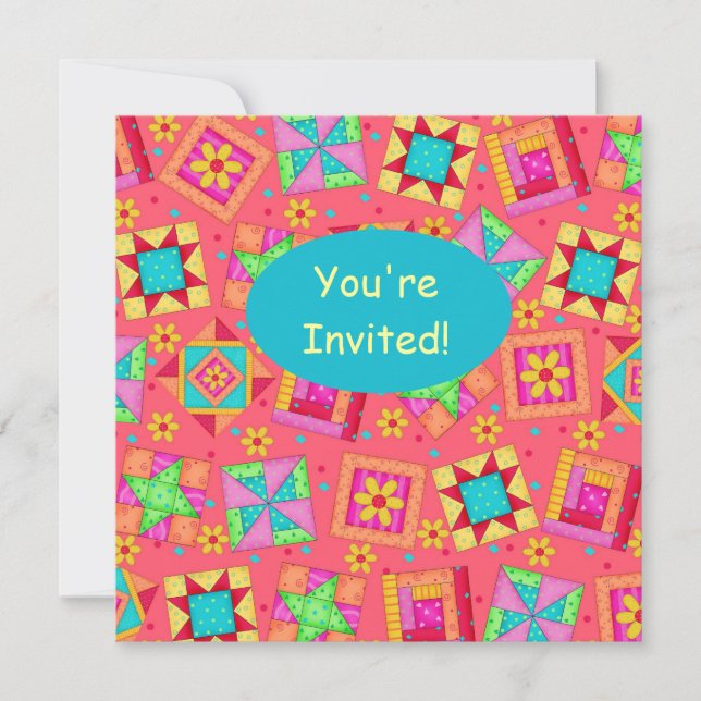 Invitation Corail rouge Turquoise Patchwork Quilt Block Art (Devant)