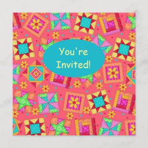 Invitation Corail rouge Turquoise Patchwork Quilt Block Art
