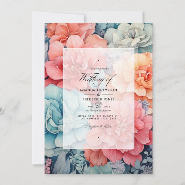 Invitation Corail, Turquoise et gris clair Mariage floral (Devant)