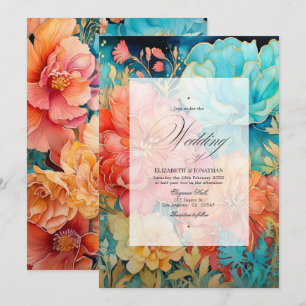 Invitation Corail, Turquoise et Mariage Floral Or