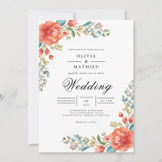 Invitation Corail Turquoise fleuron Mariage (Devant)