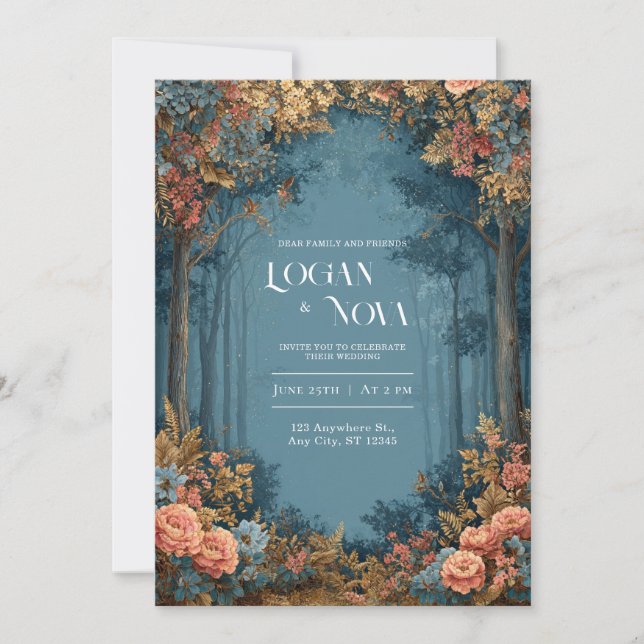Invitation Corail vibre et Mariage forestier Turquoise enchan (Devant)