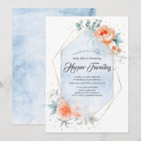 Corail vivant et Baby shower floral bleu poussiére