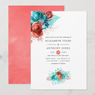 Invitation Corail vivant et Mariage floral turquoise