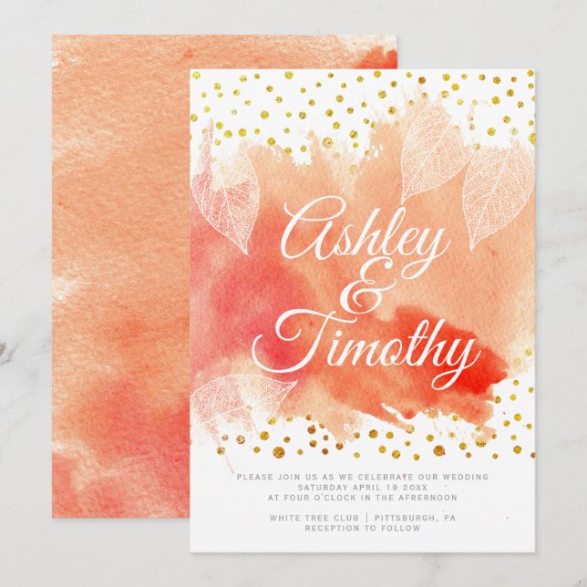 Invitation Coral aquarelle or confetti calligraphie mariage (Devant / Derrière)