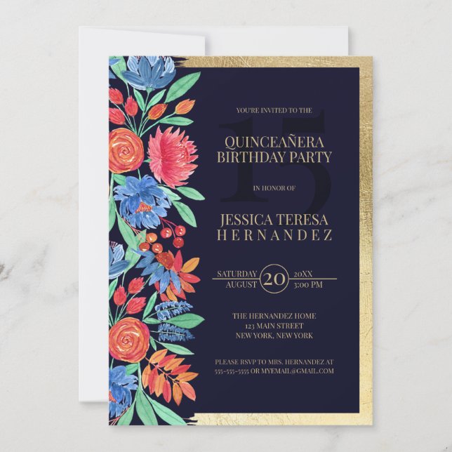 Invitation Coral bleu or aquarelle Florale Quinceañera (Devant)