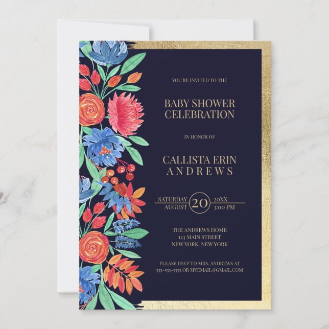 Invitation Coral Blue Gold Floral Aquarelle Baby shower (Devant)