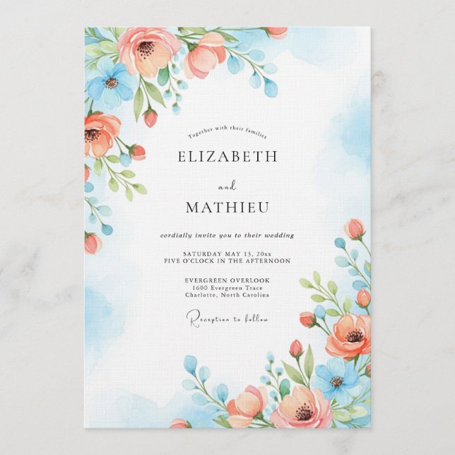 Invitation Coral Blue Painterly Bloom Wedding (Devant)