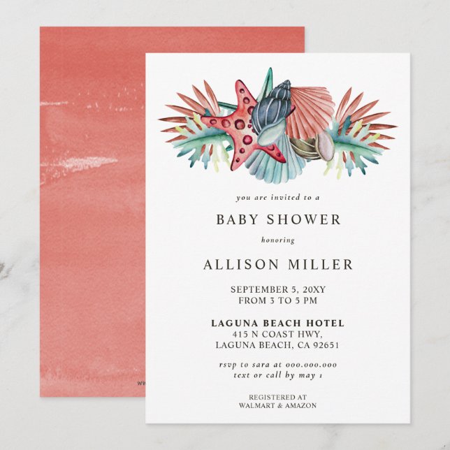 Invitation Coral Blue Starfish Seashells Beach Baby shower (Devant / Derrière)