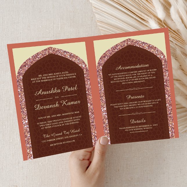 Invitation Coral Brown Rose or tout en un Mariage indien (Créateur téléchargé)