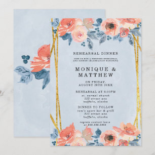 Invitation Coral Dusty Blue Gold Peony Dîner de répétition