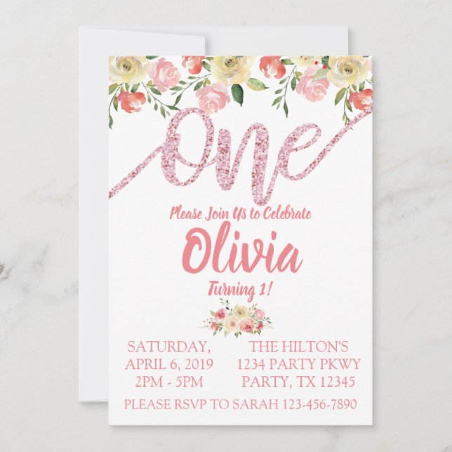 Invitation Coral et Parties scintillant rose Floral Premier a (Devant)