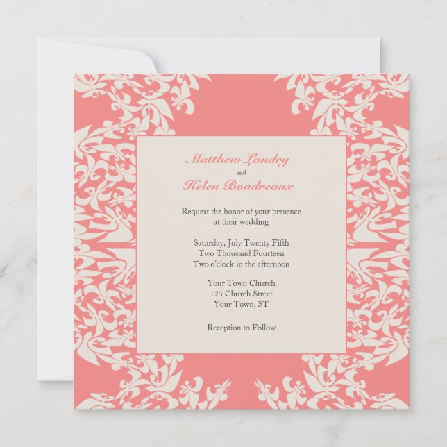 Invitation Coral Fleur de Lis Mariage moderne (Devant)