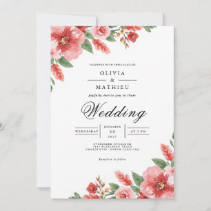 Invitation Coral Floral Aquarelle Romance Mariage