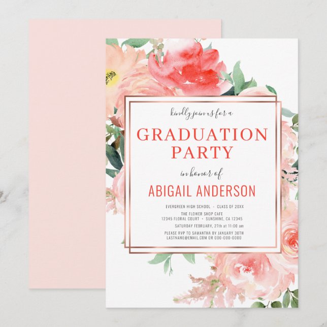 Invitation Coral Floral Peach Moderne 2023 Grad Party (Devant / Derrière)