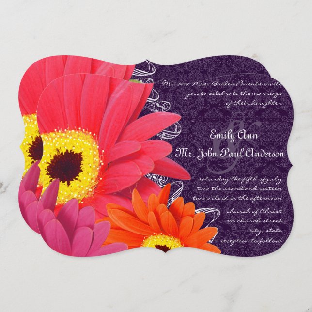 Invitation Coral Fuchsia Eggplant Gerber Daisy Mariage (Devant / Derrière)