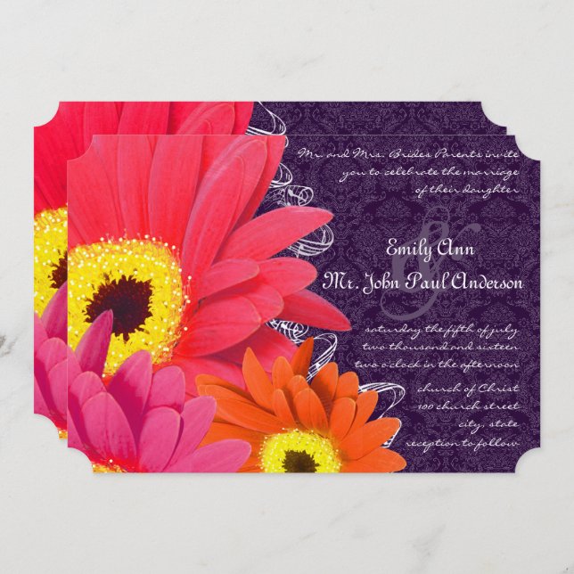 Invitation Coral Fuchsia Eggplant Gerber Daisy Mariage (Devant / Derrière)