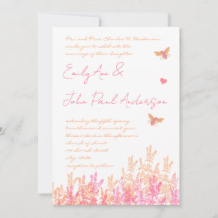 Invitation Coral & Fuchsia Flower Bumble Bee Wedding Invite