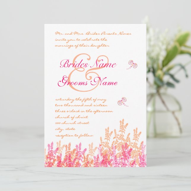 Invitation Coral & Fuchsia Flower Butterfly Wedding Invite (Debout devant)