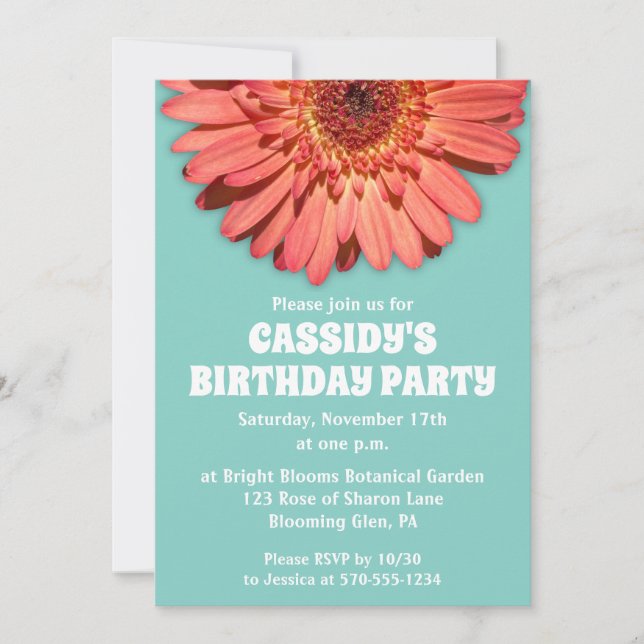 Invitation Coral Gerbera Daisy Photo Mint Green Custom (Devant)