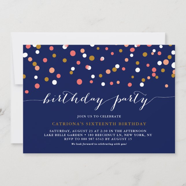 Invitation Coral & Gold Confetti Dots Blue Anniversaire (Devant)