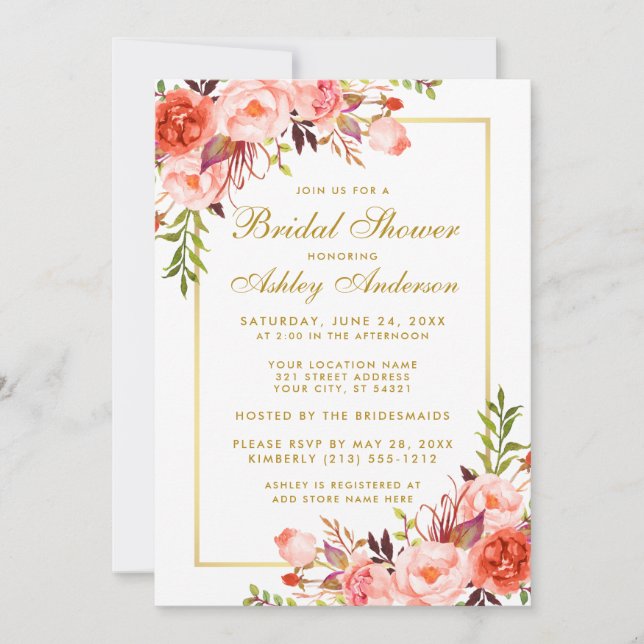 Invitation Coral Gold Floral Douche nuptiale (Devant)