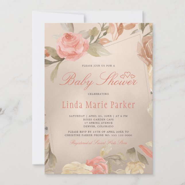 Invitation Coral Gold Peach Crème Baby shower Floral (Devant)