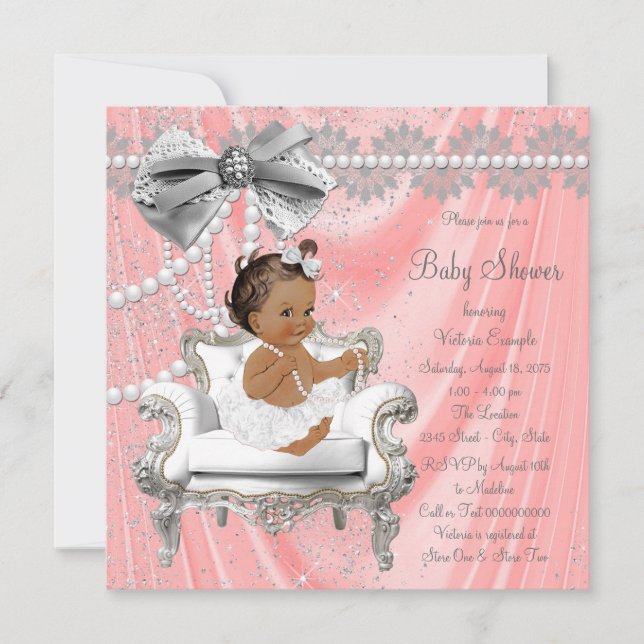 Invitation Coral Grey Pearl Chaire Ethnic Girl Baby shower (Devant)