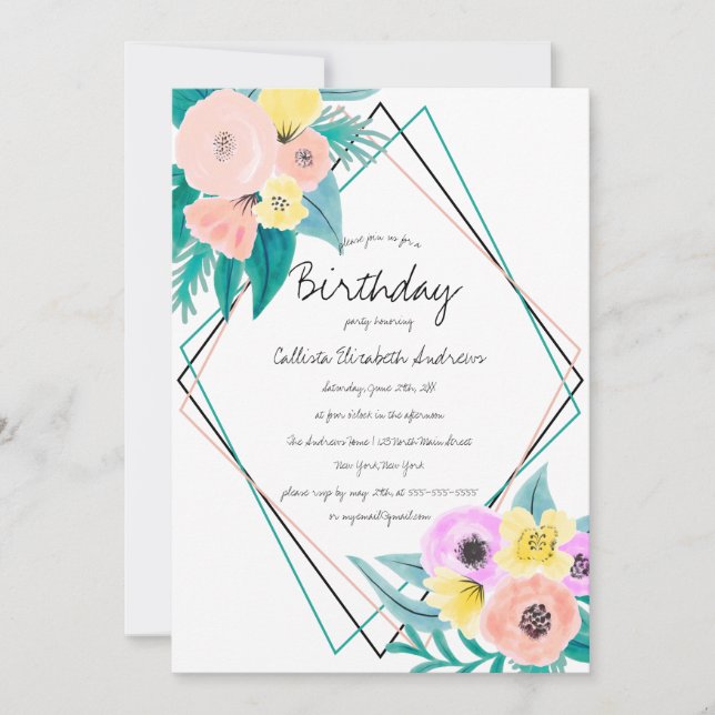 Invitation Coral Jaune Floral Aquarelle Geo Frame Anniversair (Devant)