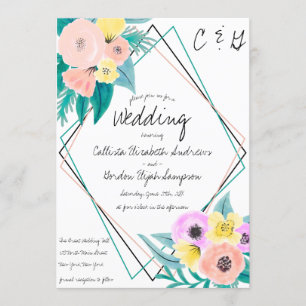 Invitation Coral Jaune Floral Aquarelle Geo Frame Mariage