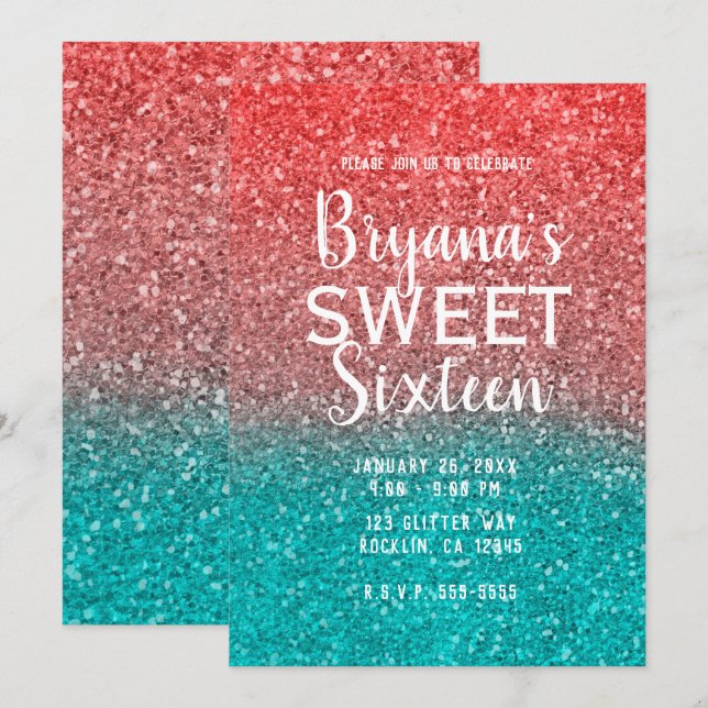 Invitation Coral Melon Orange Turquoise Aqua Parties scintill (Devant / Derrière)