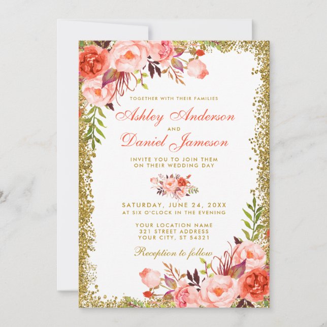 Invitation Coral moderne Floral Gold Parties scintillant Mari (Devant)