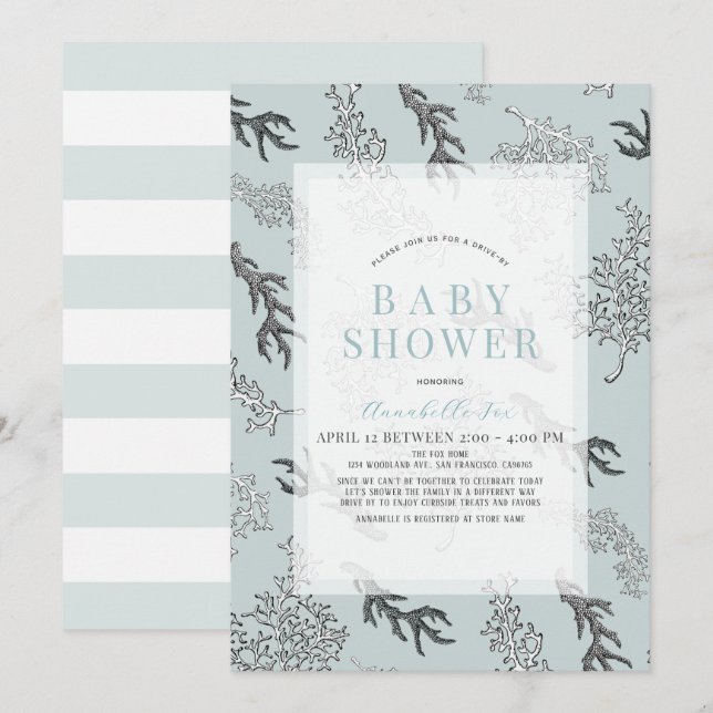 Invitation Coral Motif Light Blue Boy Baby shower Drive-by (Devant / Derrière)