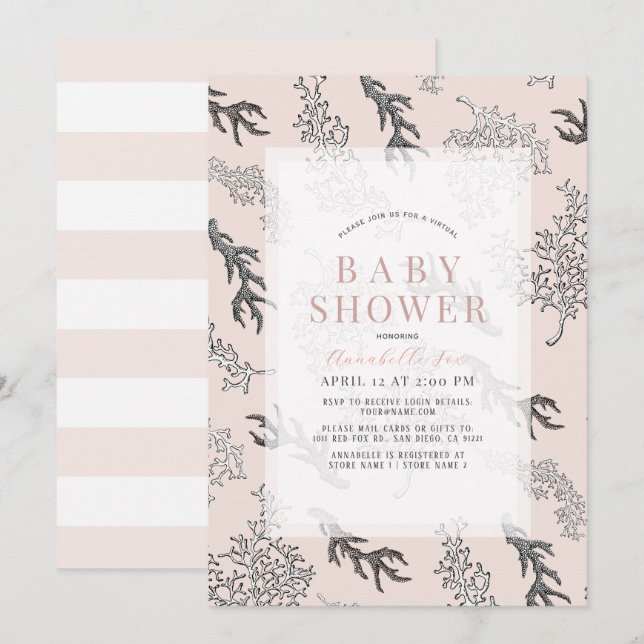 Invitation Coral Motif Light Rose Girl Baby shower virtuel (Devant / Derrière)