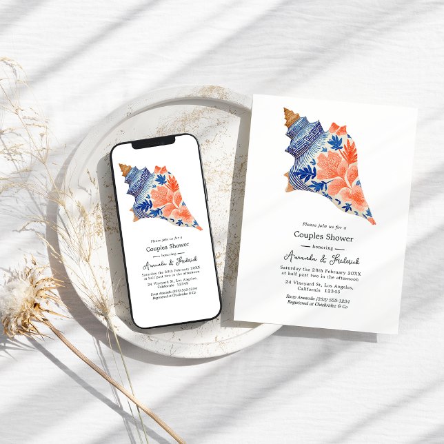 Invitation Coral & Navy Seashell Coastal Beach Couples Shower (Coral & Navy Seashell Coastal Beach Couples Shower Invitation)