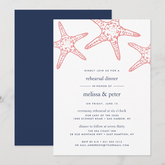 Invitation Coral & Navy Starfish Dîner de répétition Invitati (Devant / Derrière)