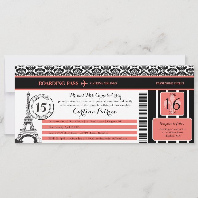 Invitation Coral Noir Damas Quinceanera Paris Passe d'embarqu (Devant)