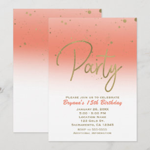Invitation Coral & Or Moderne Glam Confetti fête d'anniversai