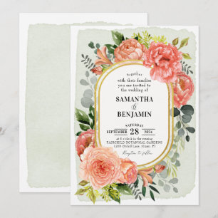 Invitation Coral Peach Blush Floral Gold Modern Mariage