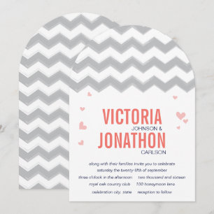 Invitation Coral Peach Navy Grey Zig Zag Typographie Mariage