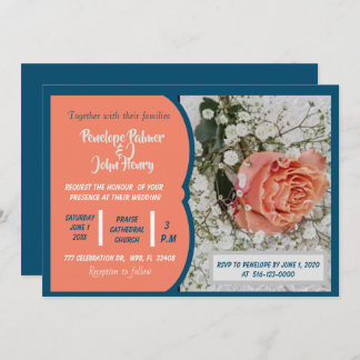 Invitation Coral Peach Turquoise blanc Floral Rose