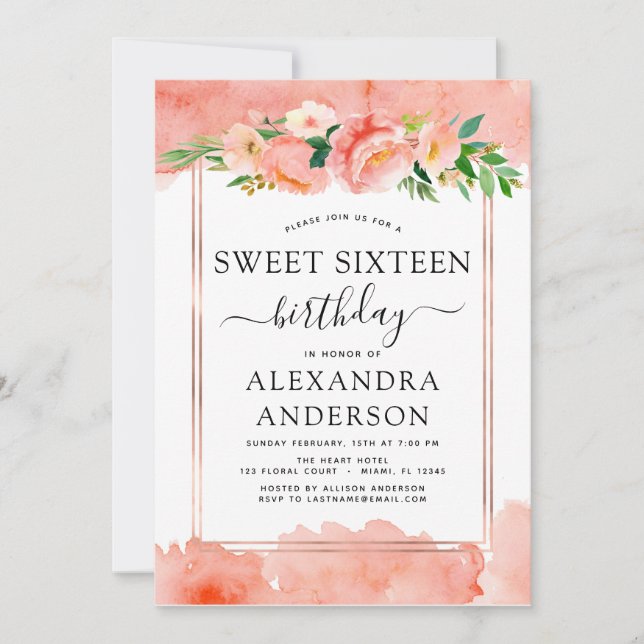 Invitation Coral Pêche Sweet sixteen floral 16 Anniversaire (Devant)