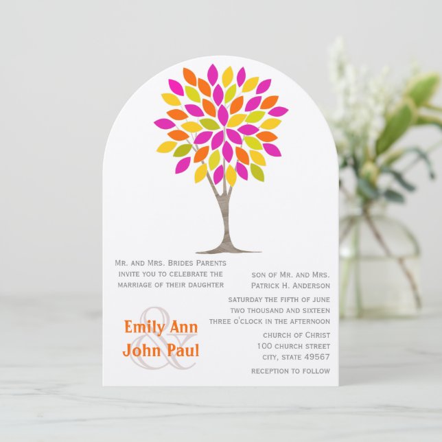 Invitation Coral Pink Lemon Vert Fleur moderne Mariage (Debout devant)